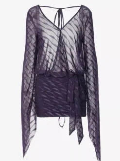 Robe mini transparente dos nu pour femme - Décolleté en V sexy manches longues à nouer sur le devant coupe moulante froncée - Idéale pour une soirée d'été en boîte de nuit 2026
