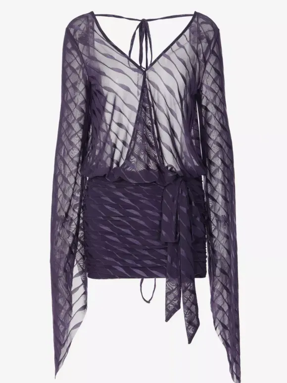 Robe mini transparente dos nu pour femme - Décolleté en V sexy manches longues à nouer sur le devant coupe moulante froncée - Idéale pour une soirée d'été en boîte de nuit 2026