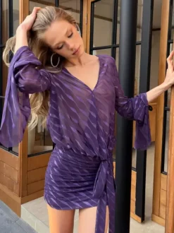 Robe mini transparente dos nu pour femme - Décolleté en V sexy manches longues à nouer sur le devant coupe moulante froncée - Idéale pour une soirée d'été en boîte de nuit 2026