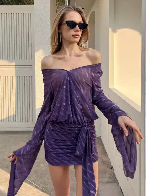 Robe mini transparente dos nu pour femme - Décolleté en V sexy manches longues à nouer sur le devant coupe moulante froncée - Idéale pour une soirée d'été en boîte de nuit 2026