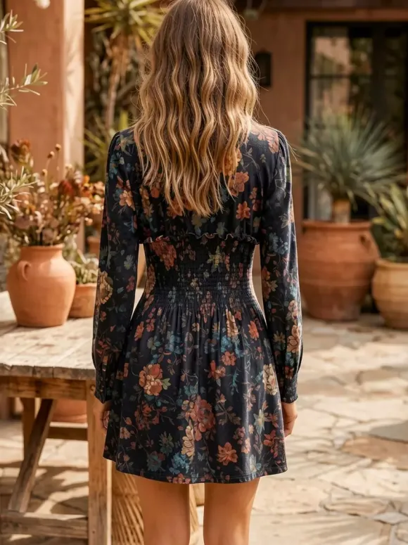 Robe mini vintage à imprimé floral taille smockée col en V et manches longues pour femme 2026
