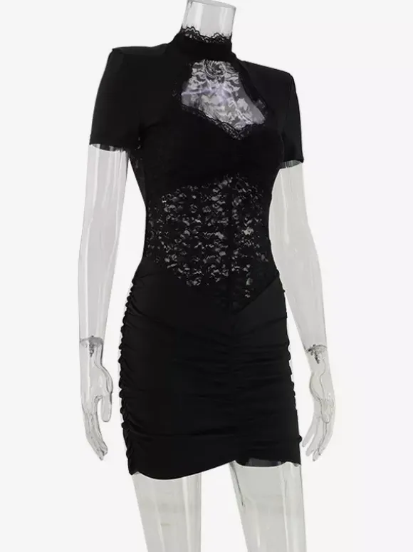 Robe moulante en dentelle transparente ajourée pour femme - Robe fourreau mini froncée style gothique chic noir - Idéale pour une soirée d'été 2026