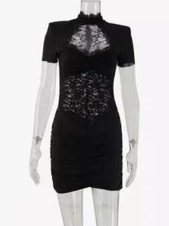Robe moulante en dentelle transparente ajourée pour femme - Robe fourreau mini froncée style gothique chic noir - Idéale pour une soirée d'été 2026