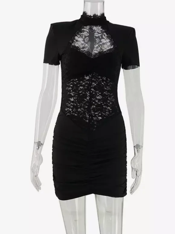 Robe moulante en dentelle transparente ajourée pour femme - Robe fourreau mini froncée style gothique chic noir - Idéale pour une soirée d'été 2026