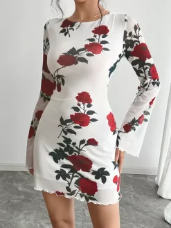 Robe moulante mini dos nu à imprimé rose et manches évasées en résille pour femme 2026