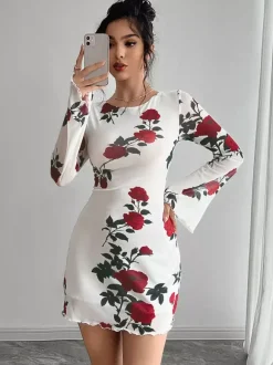 Robe moulante mini dos nu à imprimé rose et manches évasées en résille pour femme 2026