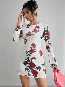 Robe moulante mini dos nu à imprimé rose et manches évasées en résille pour femme 2026
