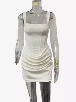 Robe moulante mini froncée à encolure carrée et dos lacé pour femme 2026