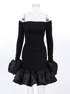 Robe moulante mini à épaules dénudées ourlet bouffant et froncée manches longues collection femme 2026