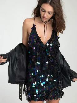 Robe Moulante Robe de Club Robe de Soirée en Paillette Courte Femme avec Bretelles à Col Décolleté en V Bas Evasée Unicolore Robe Eté Robe Sexy