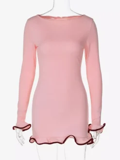 Robe Moulante Rose Élégante À Manches Longues Plissée Femme Volante