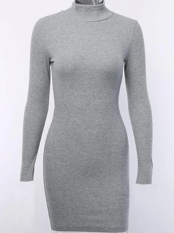 Robe moulante tricotée col montant manches longues gaine décontractée mini robes