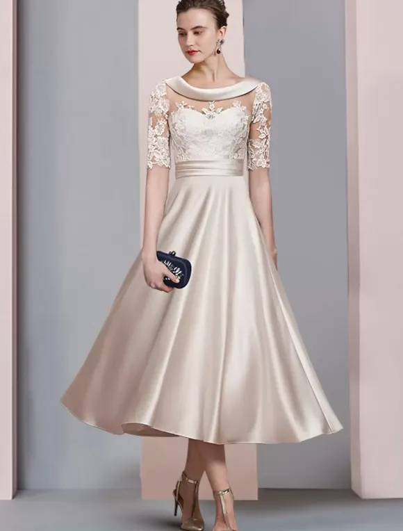 Robe mère à col bijou et demi-manches ligne a robes d'invitées de mariage en dentelle