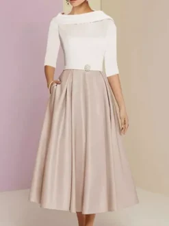Robe mère de la mariée col bateau manches 3/4 ligne a ceinture longueur cheville robes d'invitées de mariage personnalisation gratuite