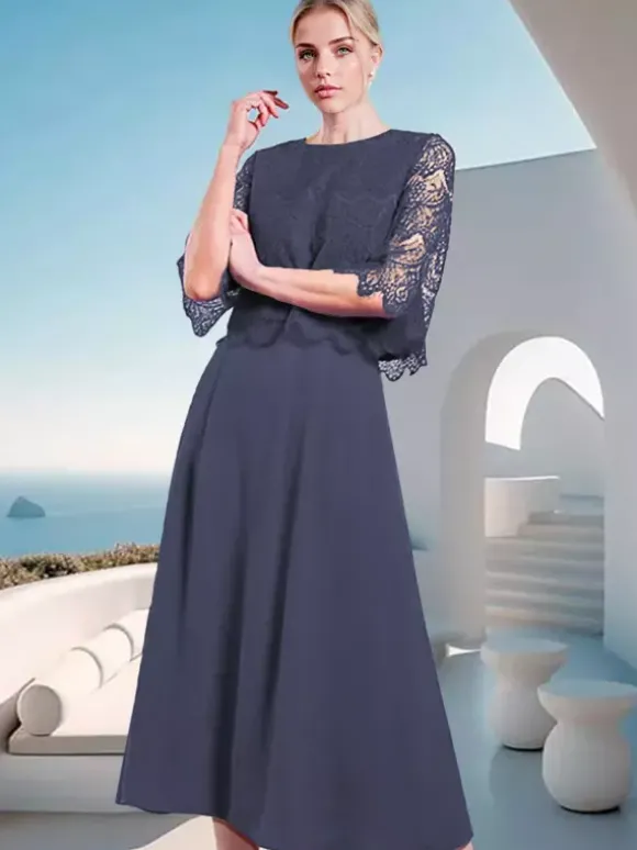Robe mère de la mariée à col bijou et manches mi-longues en dentelle