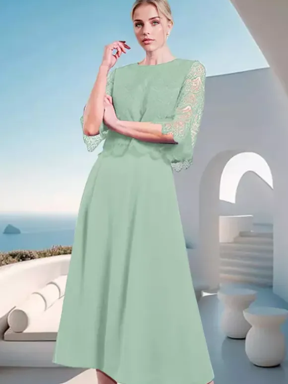 Robe mère de la mariée à col bijou et manches mi-longues en dentelle