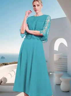 Robe mère de la mariée à col bijou et manches mi-longues en dentelle