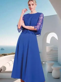 Robe mère de la mariée à col bijou et manches mi-longues en dentelle
