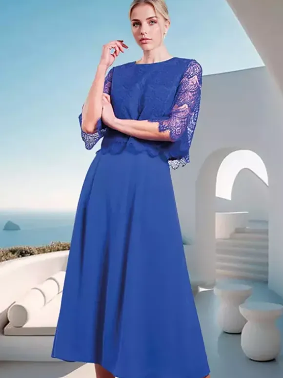 Robe mère de la mariée à col bijou et manches mi-longues en dentelle