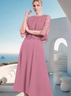 Robe mère de la mariée à col bijou et manches mi-longues en dentelle