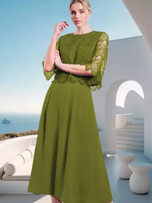 Robe mère de la mariée à col bijou et manches mi-longues en dentelle