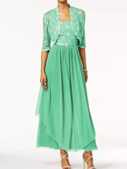 Robe mère de mariée 2 pièces col rond jupe plissée à la cheville