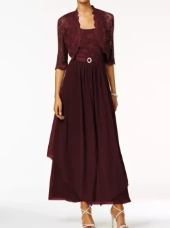 Robe mère de mariée 2 pièces col rond jupe plissée à la cheville