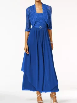 Robe mère de mariée 2 pièces col rond jupe plissée à la cheville