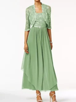 Robe mère de mariée 2 pièces col rond jupe plissée à la cheville