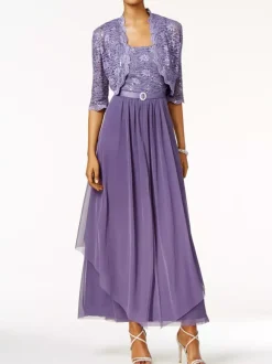 Robe mère de mariée 2 pièces col rond jupe plissée à la cheville