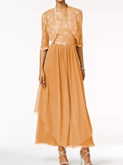 Robe mère de mariée 2 pièces col rond jupe plissée à la cheville