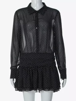 Robe noire décontractée mini plissée à manches longues et col en V pour une soirée en amoureux