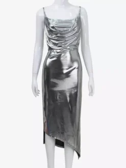 Robe nuisette argentée à col bénitier métallisé pour femme - Robe asymétrique sexy argentée à dos découpé et fente midi - Soirée en boîte de nuit d'été 2026
