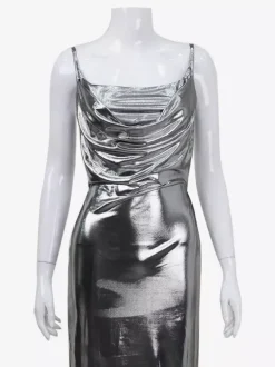 Robe nuisette argentée à col bénitier métallisé pour femme - Robe asymétrique sexy argentée à dos découpé et fente midi - Soirée en boîte de nuit d'été 2026