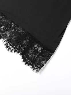 Robe nuisette à bordure en dentelle pour femme - Mini-robe d'été noire côtelée sans manches - Idéale pour les soirées d'été 2026