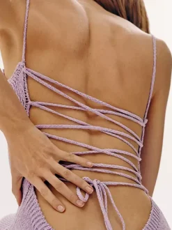 Robe nuisette dos nu en maille pour femme - Robe moulante midi côtelée à lacets et fente latérale - Vacances d'été à la plage 2026