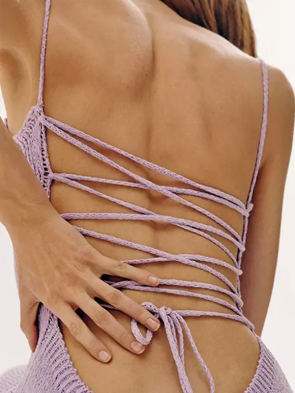 Robe nuisette dos nu en maille pour femme - Robe moulante midi côtelée à lacets et fente latérale - Vacances d'été à la plage 2026