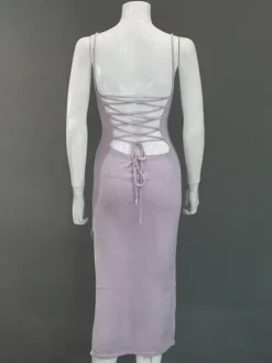 Robe nuisette dos nu en maille pour femme - Robe moulante midi côtelée à lacets et fente latérale - Vacances d'été à la plage 2026