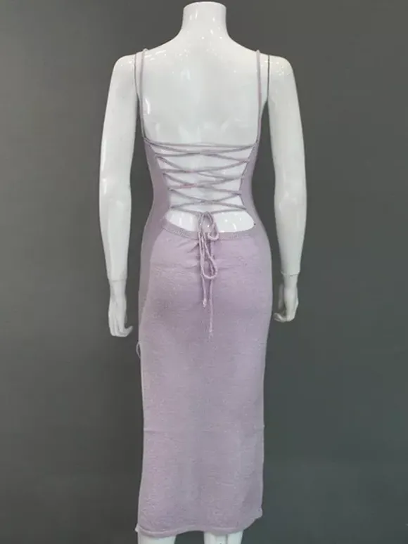 Robe nuisette dos nu en maille pour femme - Robe moulante midi côtelée à lacets et fente latérale - Vacances d'été à la plage 2026