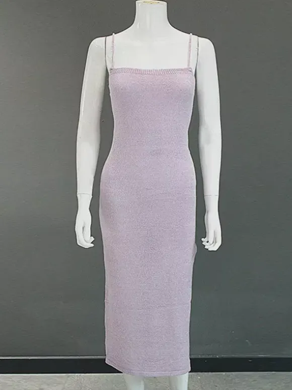 Robe nuisette dos nu en maille pour femme - Robe moulante midi côtelée à lacets et fente latérale - Vacances d'été à la plage 2026