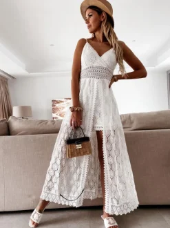 Robe nuisette longue bohème en dentelle pour femme - Combinaison-short ouverte sur le devant et col en V - Vacances d'été à la plage 2026