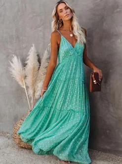 Robe nuisette maxi bohème à pois pour femme - Robe d'été vert menthe à col en V volants et dos nu - Collection été 2026