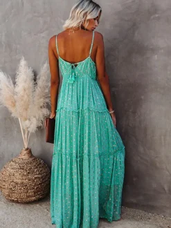 Robe nuisette maxi bohème à pois pour femme - Robe d'été vert menthe à col en V volants et dos nu - Collection été 2026