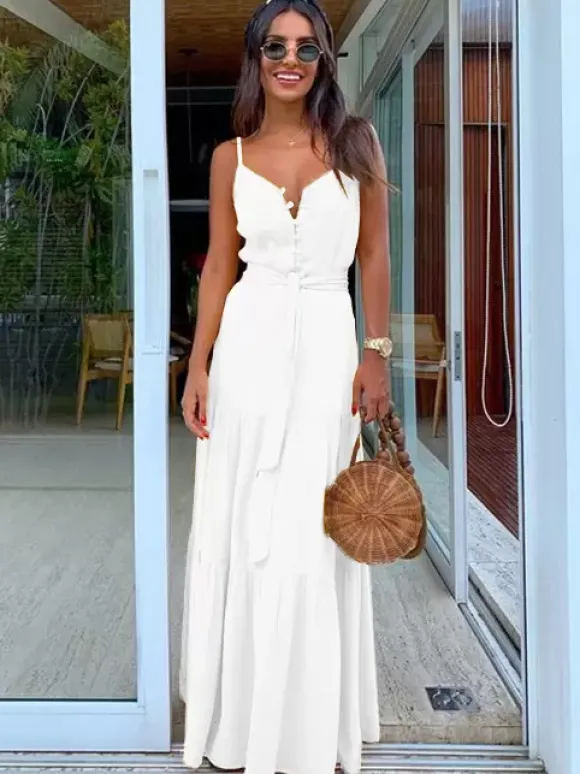 Robe nuisette maxi bohème pour femme - Robe d'été à volants boutonnée et nouée à la taille - Vacances d'été à la plage 2026