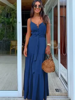 Robe nuisette maxi bohème pour femme - Robe d'été à volants boutonnée et nouée à la taille - Vacances d'été à la plage 2026
