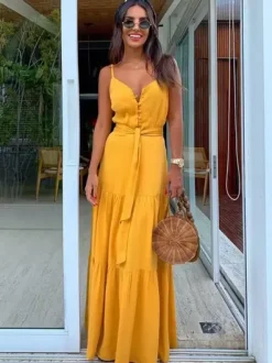 Robe nuisette maxi bohème pour femme - Robe d'été à volants boutonnée et nouée à la taille - Vacances d'été à la plage 2026