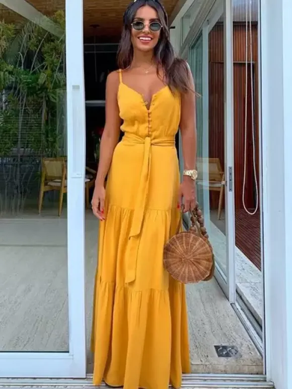 Robe nuisette maxi bohème pour femme - Robe d'été à volants boutonnée et nouée à la taille - Vacances d'été à la plage 2026
