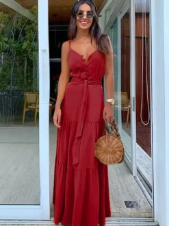 Robe nuisette maxi bohème pour femme - Robe d'été à volants boutonnée et nouée à la taille - Vacances d'été à la plage 2026