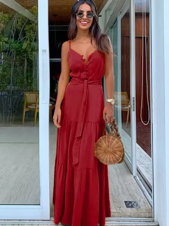 Robe nuisette maxi bohème pour femme - Robe d'été à volants boutonnée et nouée à la taille - Vacances d'été à la plage 2026