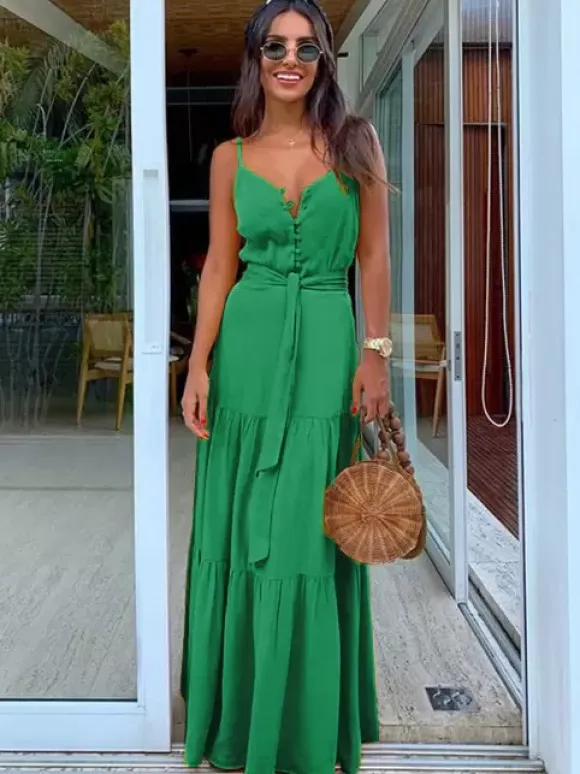 Robe nuisette maxi bohème pour femme - Robe d'été à volants boutonnée et nouée à la taille - Vacances d'été à la plage 2026
